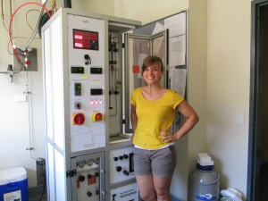 Me with the Hydrogen Pyrolysis rig. Samples are run two at a time, and each run takes about 1.5 hours. I ran 175 samples while at JCU.