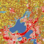 Land cover surrounding Madison, WI. Fields are colored yellow and brown, water is colored blue, and urban surfaces are colored red. Source: http://www.mrlc.gov/nlcd.php