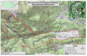 Figure 3. Fern Lake Fire extent and cheatgrass sampling in Rocky Mountain National Park. Map created by A. West.